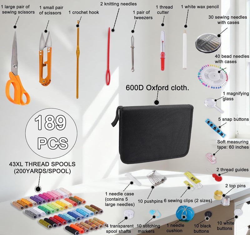 StiVerse 189 Pcs Sewing Kit for Adults, Beginners, 43 Color Needle and Thread kit, Mom Grandma Women Professional Sewing, Supplies Accessories for Travel Worker, Emergency, DIY and Home - Image 2